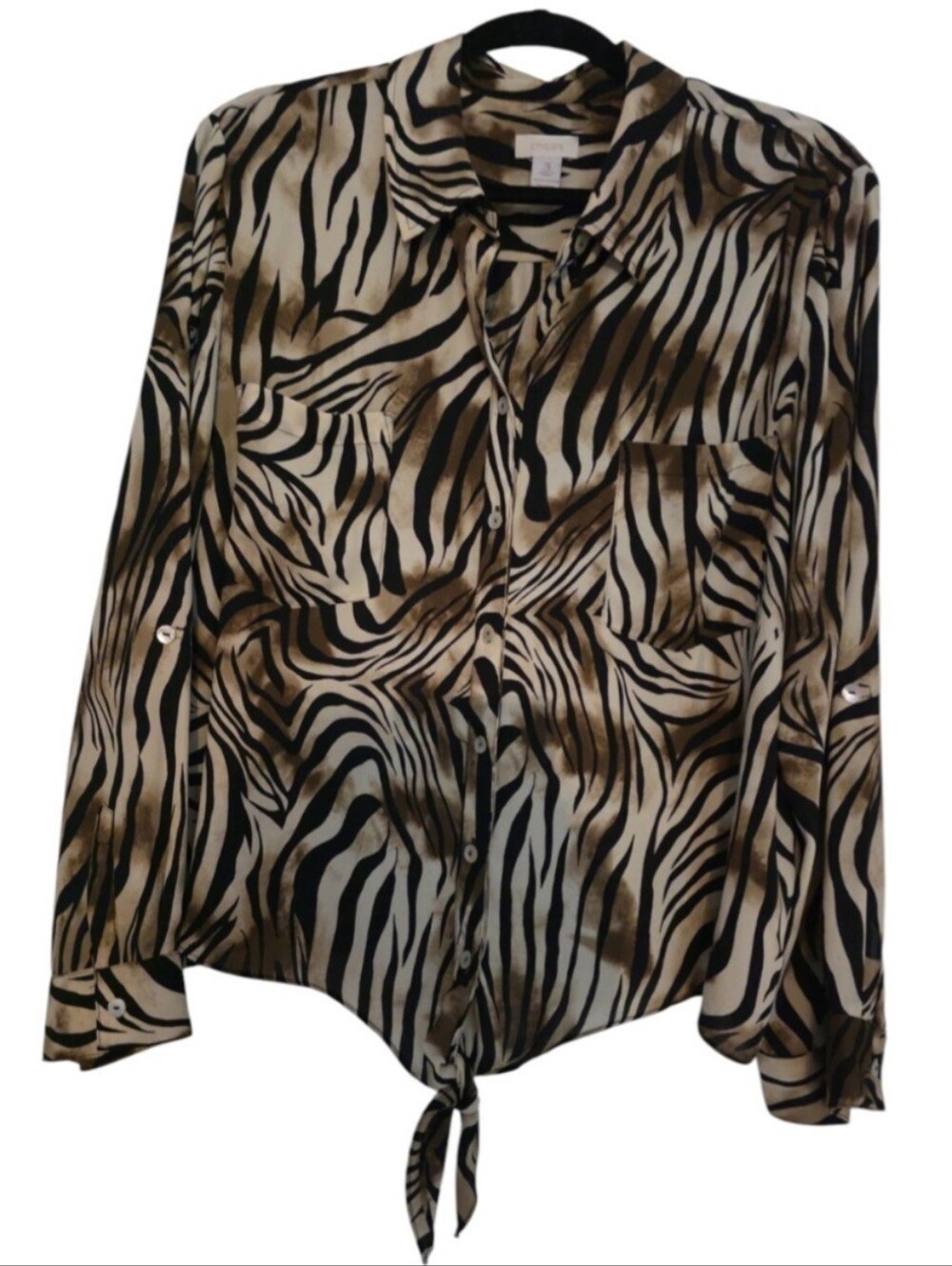 Chico's Black and Cream Zebra-Print Tie-Front Button-Down Shirt Size 3 - Picture 2 of 8